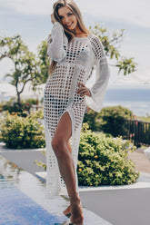 Cache-maillot de bain blanc en tricot à manches évasées